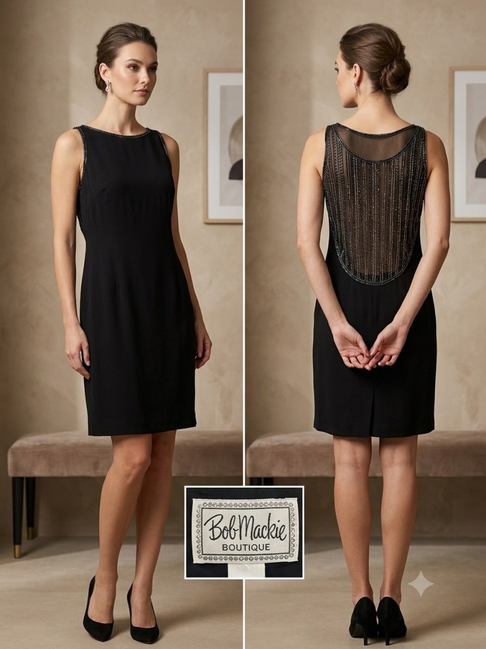 Vintage Bob Mackie Boutique Black Beaded-Back Sleeveless Chemise